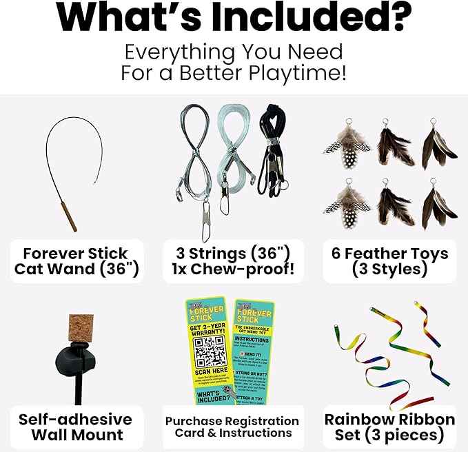 Forever Stick with Cat Toys and Strings Bundle - The Unbreakable Cat Wand Toy, Durable Cat Toy Wand, Extra Long Cat String Toy, Cat Fishing Pole Toy for Bored Indoor Adult Cats, Cat Stick Toy