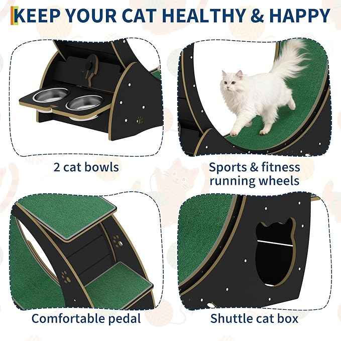 Cat Running Wheel for Indoor Cats, Large 6-in-1 Cat Treadmill with Bowls, Scratch Post & Resting House, Quiet Cats Wheel Exerciser for Kitty Fitness Black