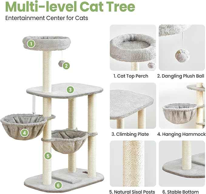 Small Cat Tree Tower with Lots of Scratching Posts - 42 Inch Medium Compact Cats Scratch House with Hammock Perch for Multi Level 2 Kitty - Indoor Corner Cat Bed Condo Climbing Gym Towers Furniture