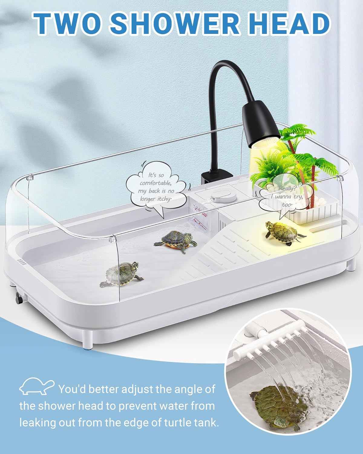 Large Turtle Tank Kit (Tank + Lamp + Filter), Acrylic Turtle Tank Starter Kit, Tank Aquarium with Heightened and Curved Fences, Bottom Drainage, Multi-Function Areas (Black Lamp)