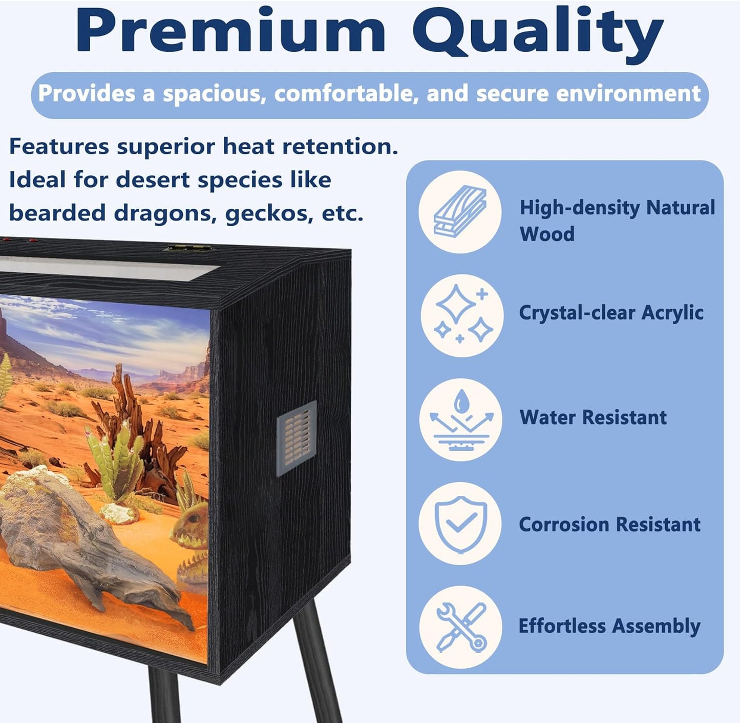 Prolee Reptile Terrarium, Lizard Tank Up to 68 Gallons, Bearded Dragon Tank with Roof Door, Snake Tank with Built-in Lamp Fixture and Switch, with Leg Stand (Black, 21 Gallons, 24" Length) - FurryFun