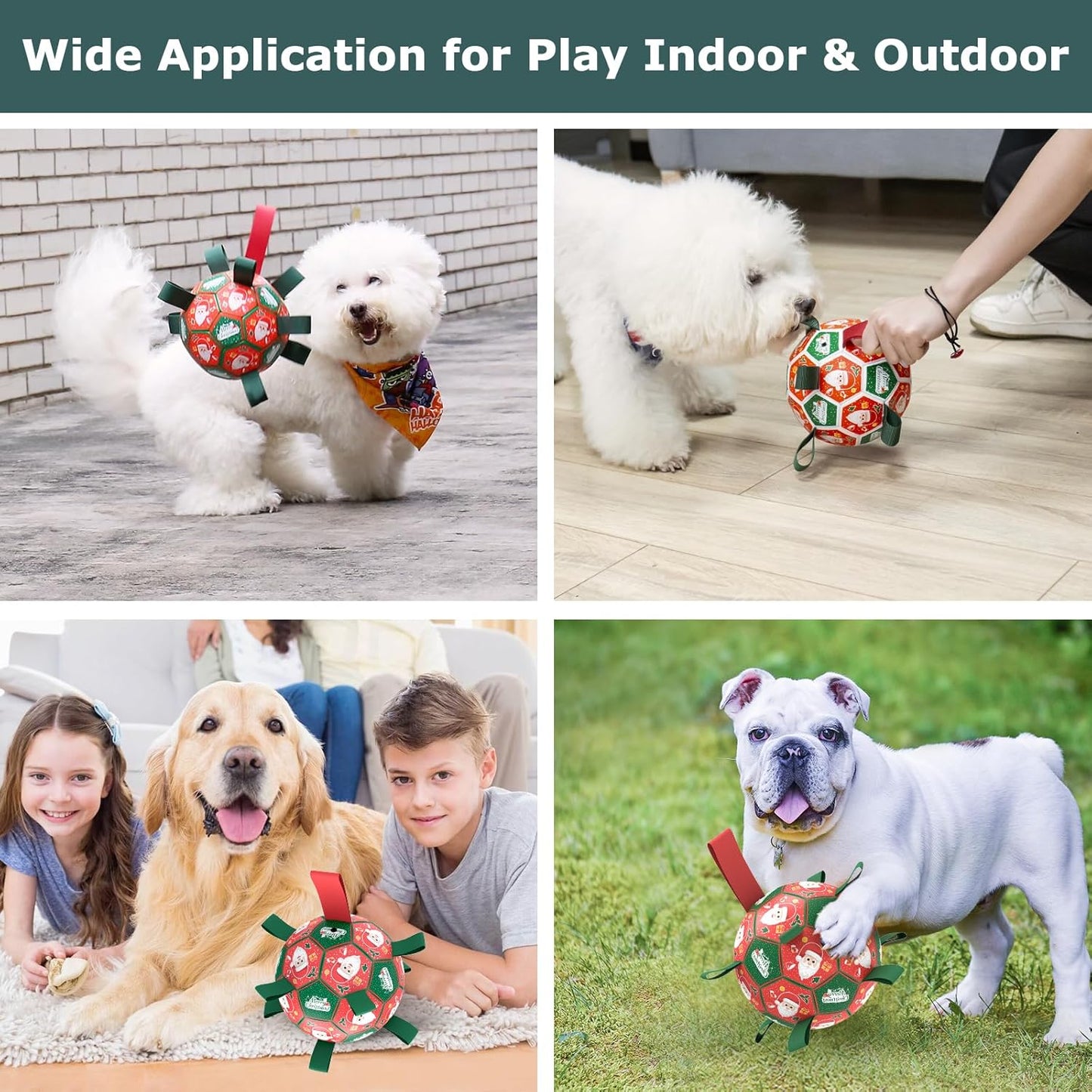QDAN Christmas Dog Toys: Soccer Ball with Straps for Outdoor Play, Tug of War, Puppy Gifts - Durable 8-Inch Balls for Medium Large Dogs