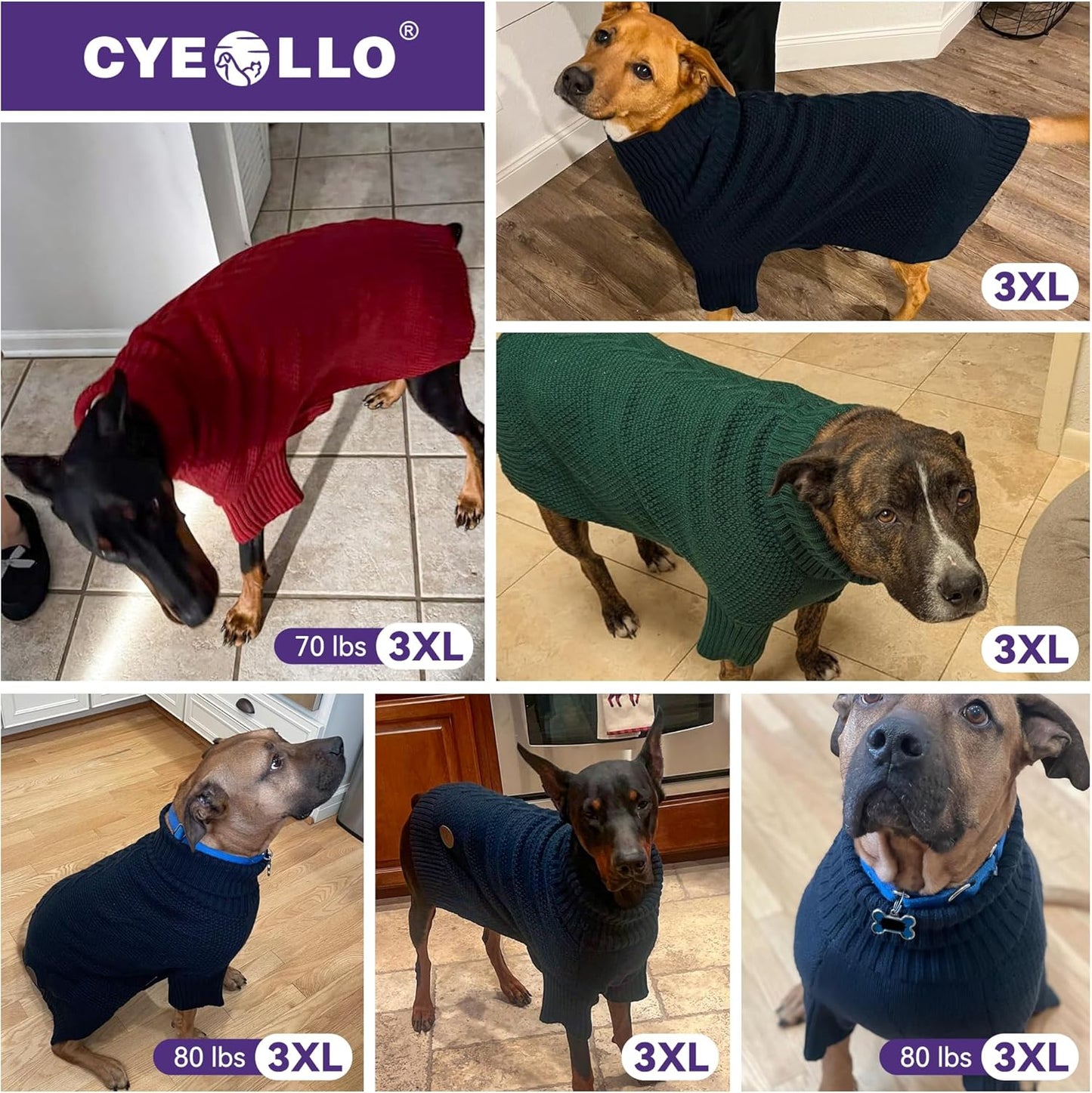 cyeollo 3XL Dog Sweaters for Large Dogs Boy, Stretchable & Cozy Warm Knit Doggy Sweater with Sleeves Turtleneck Fall Winter Cold Weather Big Dog Clothes Like Doberman Labrador, Blue XXXL