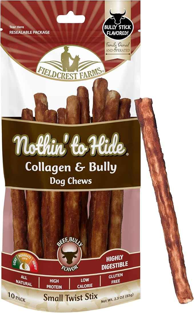 Fieldcrest Farms Nothin' to Hide Twist Stix, Beef Bully Flavor, Easily Digestible, Supports Skin, Coat, Joints & Muscles, for Moderate Chewers Under 15lbs, 10 Pack