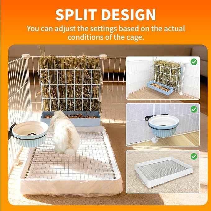 3 in 1 Rabbit Hay Feeder with Litter Box,Upgraded Metal Hay Rack & Litter Tray & Water Bowl,Quick Cleaning,Easy to Install,Bunny Supplies for Rabbit Guinea Pig Chinchilla Small Animals