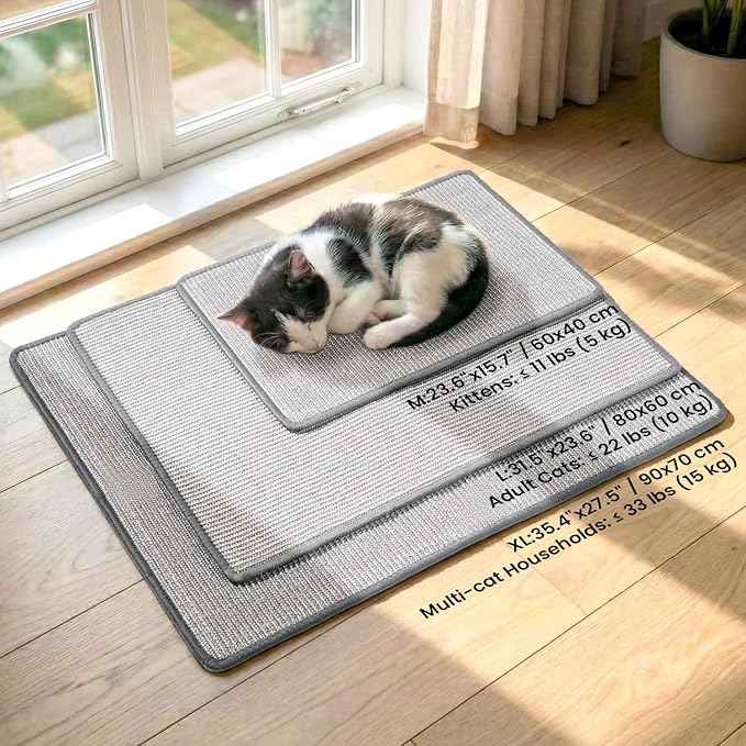 Cat Scratcher Mat,Natural Sisal Cat Scratch Pad with Hook&Loop Tape,Horizontal Floor Kitty Scratching Pads Rug for Indoor,Cat Furniture Protector for Couch&Carpets&Sofas, Medium, Grey, 2 Pack