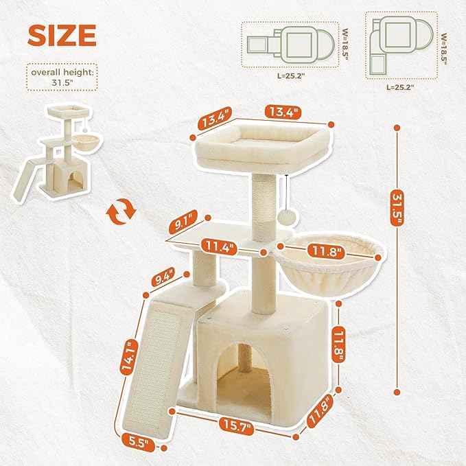PETEPELA Small Cat Tree for Indoor Cats, 32'' Cute Cat Tower Cat Condo with Sisal Scratching Ramp, Cozy Hammock and Removable Top Bed Perch for Kittens, Beige