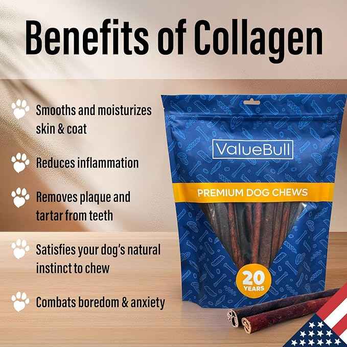 ValueBull USA Collagen Sticks for Small Dogs, 12 Inch Thin Chews, Natural Dog Treats, 25 Count - Promotes Joint, Skin & Coat Health with Glucosamine and Chondroitin