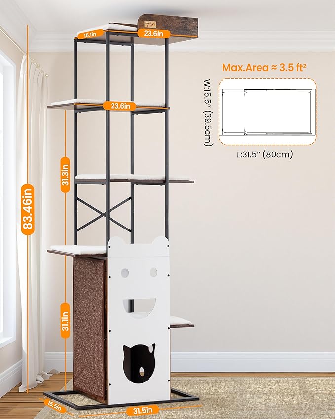Modern Wood Cat Tree Tower, 84 Inch Extra Tall Cat Condo Trees for Indoor Cats Large Adult, XL Multi-Level Heavy Duty Wooden Sturdy Cat House Furniture with Platform Perch Bed Scratching Post Board