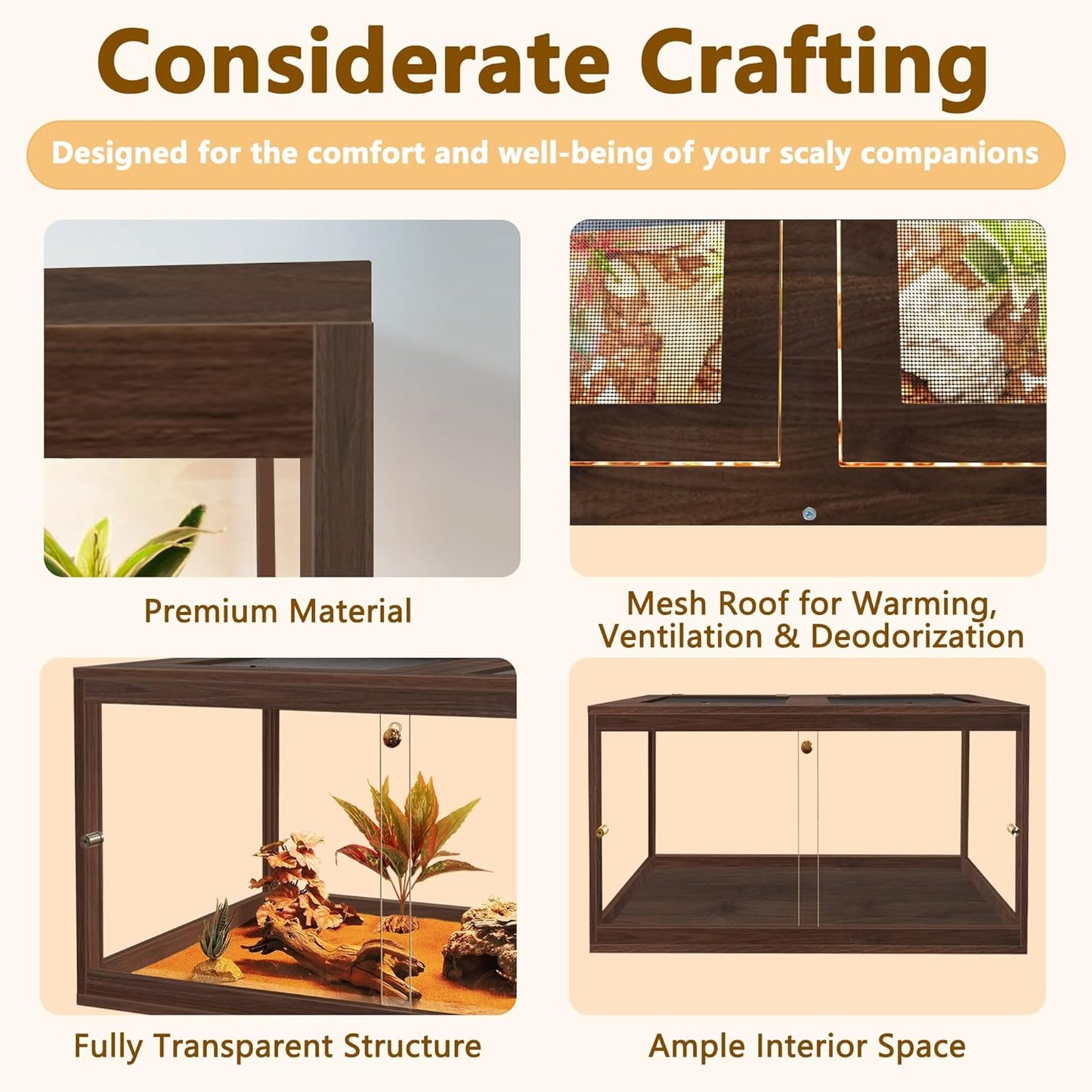 PROLEE Bearded Dragon Tank,27 Gallon Reptile Tank with Meatl Mesh Roof and Front Sliding Door, Anti-Scratch Lizard Tank,Spacious Reptile Enclosure for Snakes,Lguanas, Chameleons(Walnut) - FurryFun