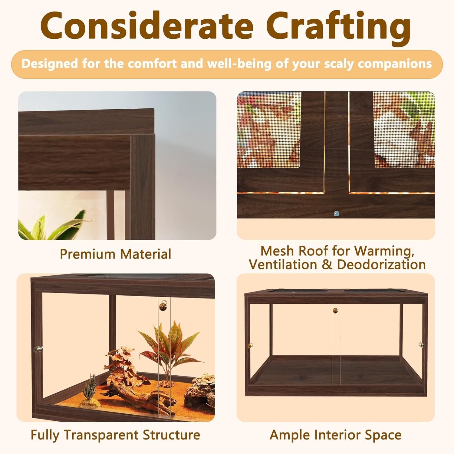 PROLEE Bearded Dragon Tank,27 Gallon Reptile Tank with Meatl Mesh Roof and Front Sliding Door, Anti-Scratch Lizard Tank,Spacious Reptile Enclosure for Snakes,Lguanas, Chameleons(Walnut) - FurryFun