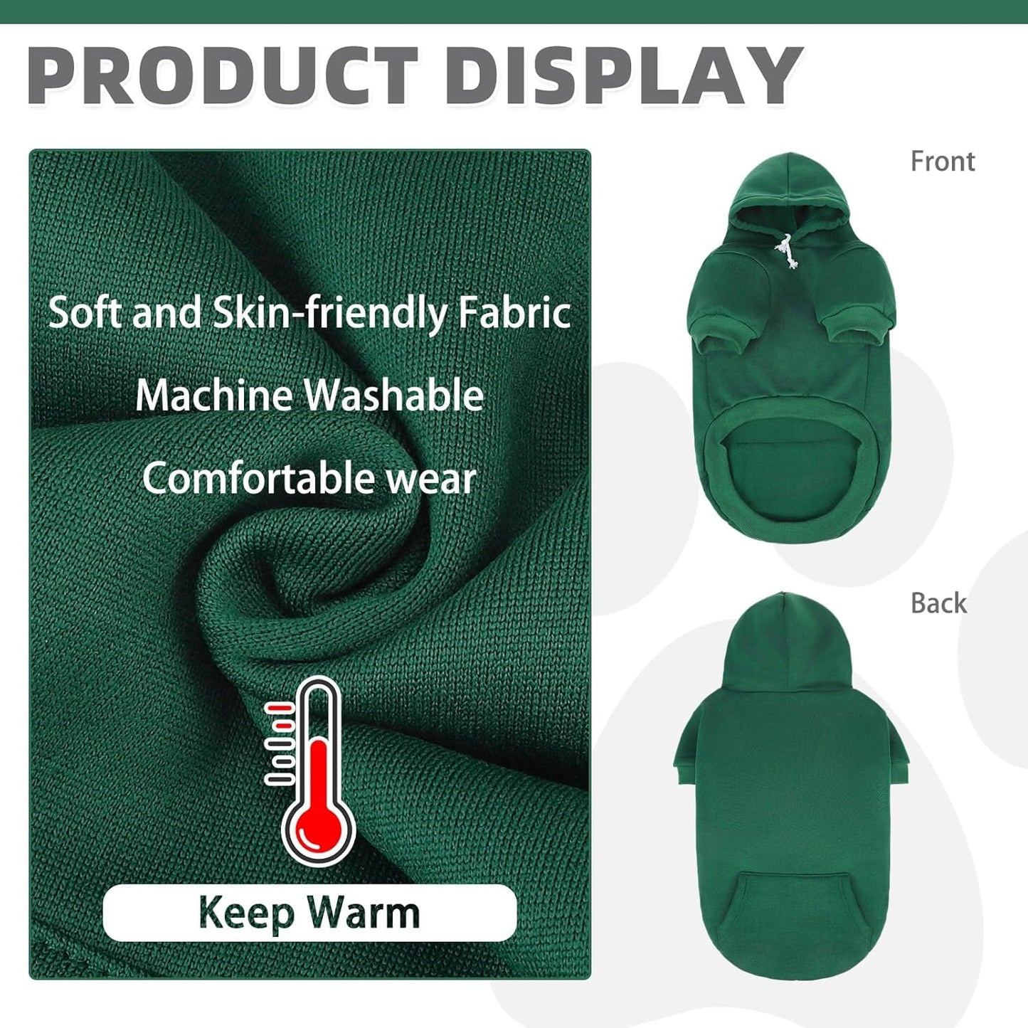 KOOLTAIL Basic Dog Hoodie - Soft & Warm Dog Sweater with Leash Hole and Pocket, Winter Coat, Cold Weather Clothes, Small to Large, Deep Green