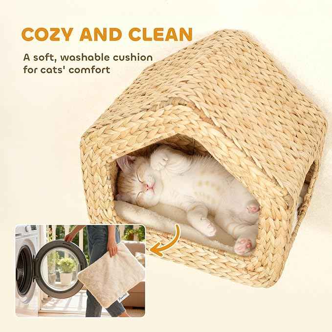 PawHut Wall Mounted Cat House, Cat Wall Condo Furniture with Washable Cushion, Kitty Shelf Bed for Indoor Cats Kittens, Natural