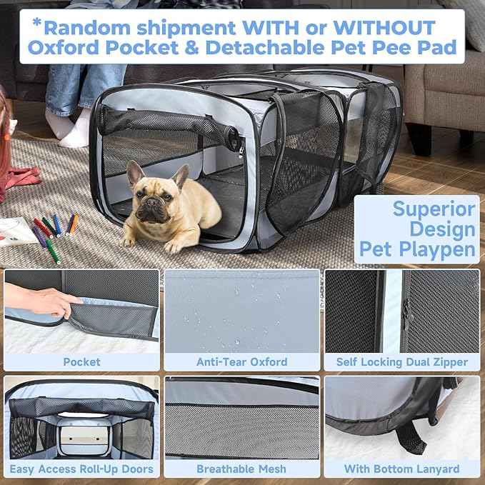 2-in-1 Dog Playpen, 58''Pop Up Cat Puppy Pet Playpen Indoor/Outdoor Cats Enclosed, Cat Dog Tent Crate Cage Kennel, Portable Playpen for Kitten, Small Animals Play Pen(No Divider, Unified Space)