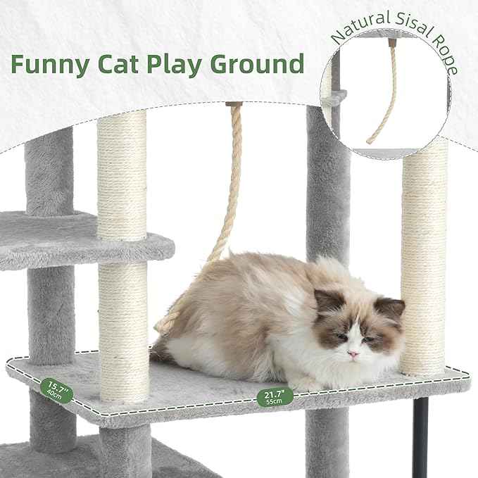 Cat Tree for Indoor Cats Large Adult, 70.5'' Cat Tower with Scratching Post, Sturdy Steel Pube Cat Tree Tower with Large Playing Platfrom, Hammock and Basket, Top Perch, Light Gray GCT024W