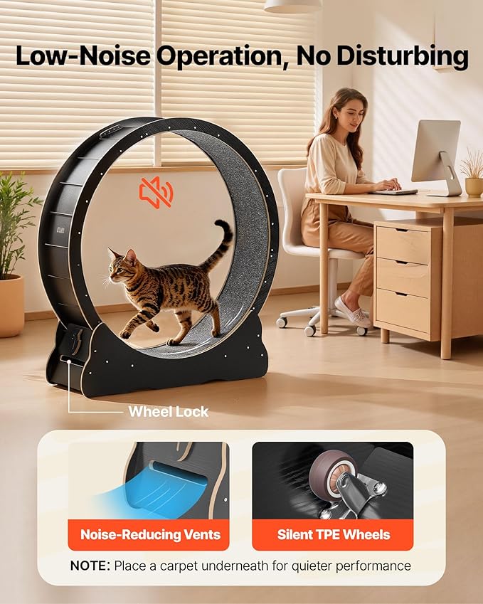 VEVOR Cat Exercise Wheel, 48 in Wooden Cat Running Wheel for Indoor Cats up to 28 lbs, Cats Treadmill with Carpeted Runway & Locking Mechanism, Quiet Kitten Sport Toys for Pets Fitness & Health, Black