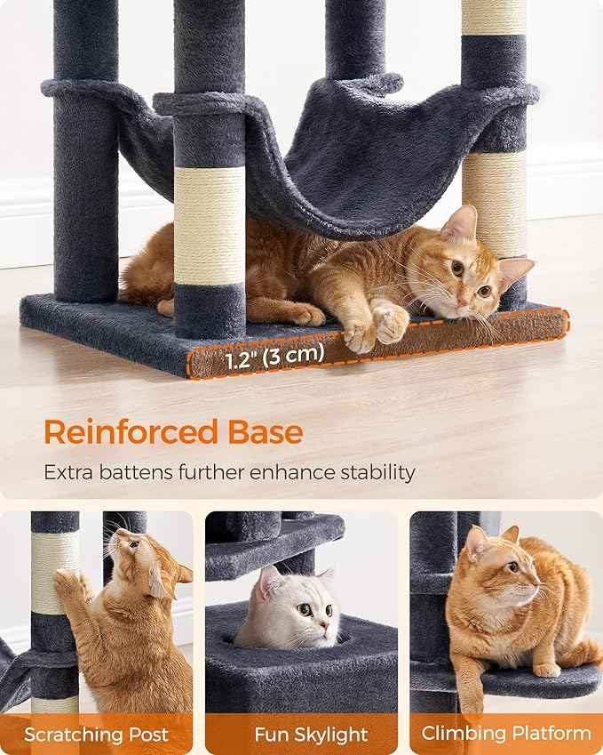 Feandrea Cat Tree, 59.5-Inch Tall Cat Tower, Plush Multi-Level Condo with 5 Scratching Posts, 2 Perches, 2 Caves, Hammock, 2 Pompoms, Smoky Gray UPCT192G01