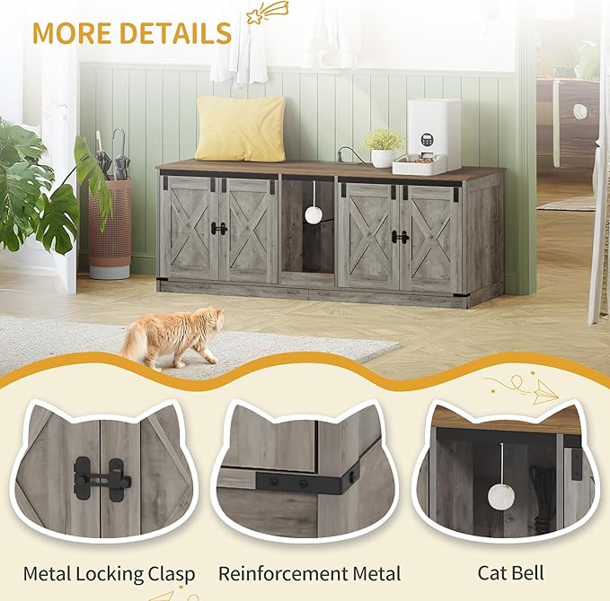 55" L Cat Litter Box Enclosure for 2 Cats, Double Hidden Litter Box Furniture with Scratch Pad, Wooden Cat Cabinet with USB Ports & Power Outlets, Farmhouse TV Stand, Greige CB82505X