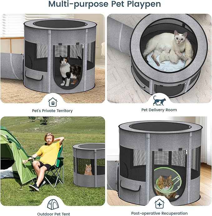 Portable Cat Playpen with Tunnel, 3 in 1 Foldable Puppy Play Pen, Waterproof Bottom, Enclosed 2-Room Separable Pet Tent for Indoor/Outdoor, Multi-Purpose Enclosure Crate Cage for Kitten Dog Rabbit