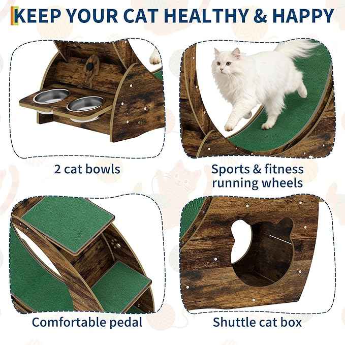 Cat Running Wheel for Indoor Cats, Large 6-in-1 Cat Treadmill with Bowls, Scratch Post & Resting House, Quiet Cats Wheel Exerciser for Kitty Fitness Brown