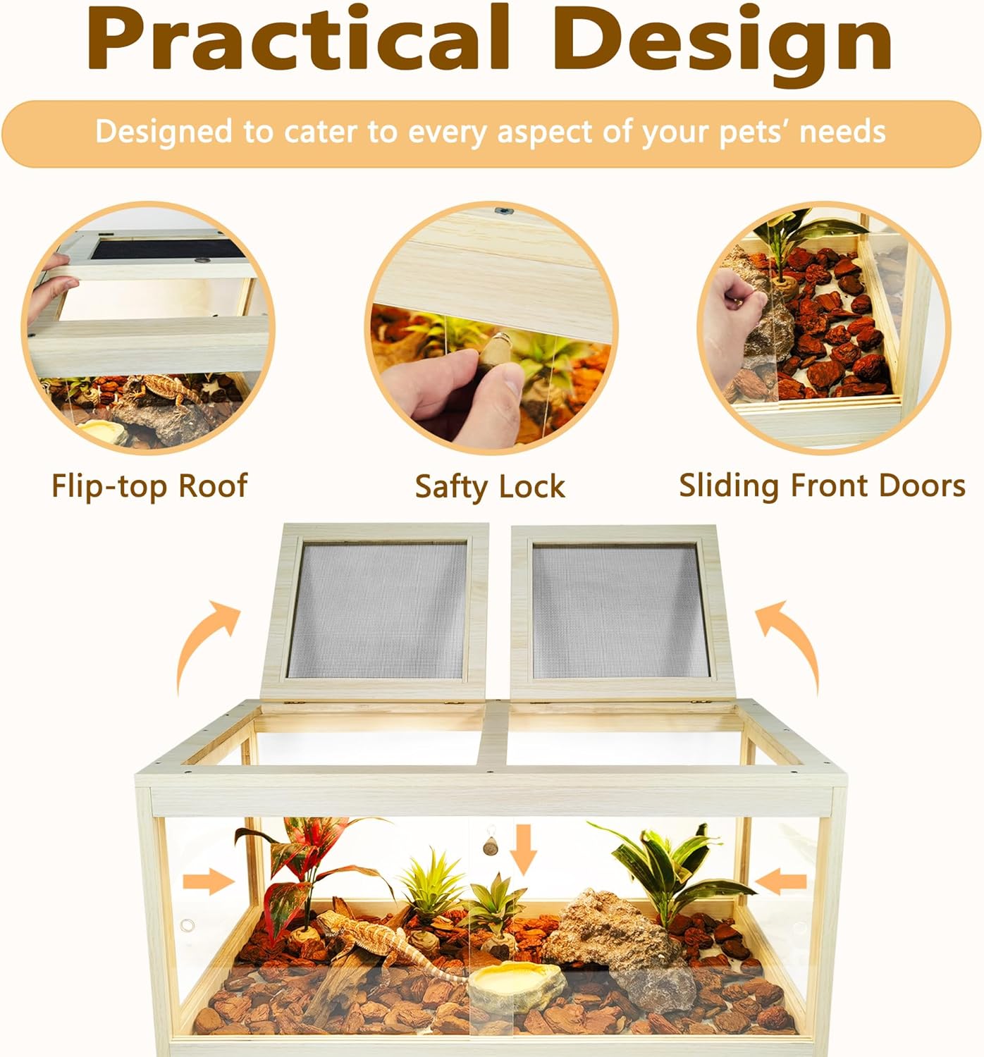 Bearded Dragon Tank with Legs Up to 77 Gallons, Tortoise Habitat with Metal Mesh Top, Reptile Enclosure Lockable Design, Snake Tank (Oak, 62 Gallon, 40" L x 20" W x 47.6" H) - FurryFun