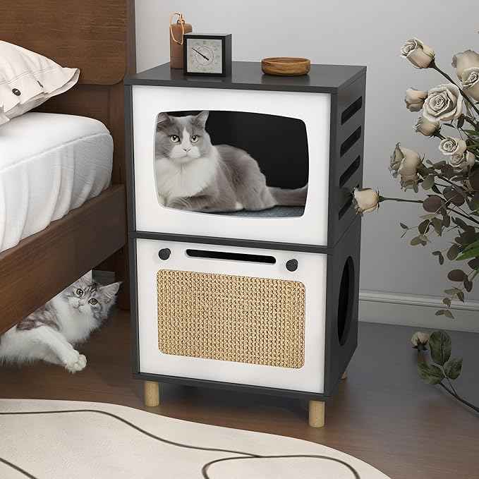 TaoHFE Cat Hideaway Modern Cats Furniture for Living Room Cat Houses for Indoor Cats with Scratching Pad & Soft Cushion, Cats Beds for Indoor TV Design end Table, Black