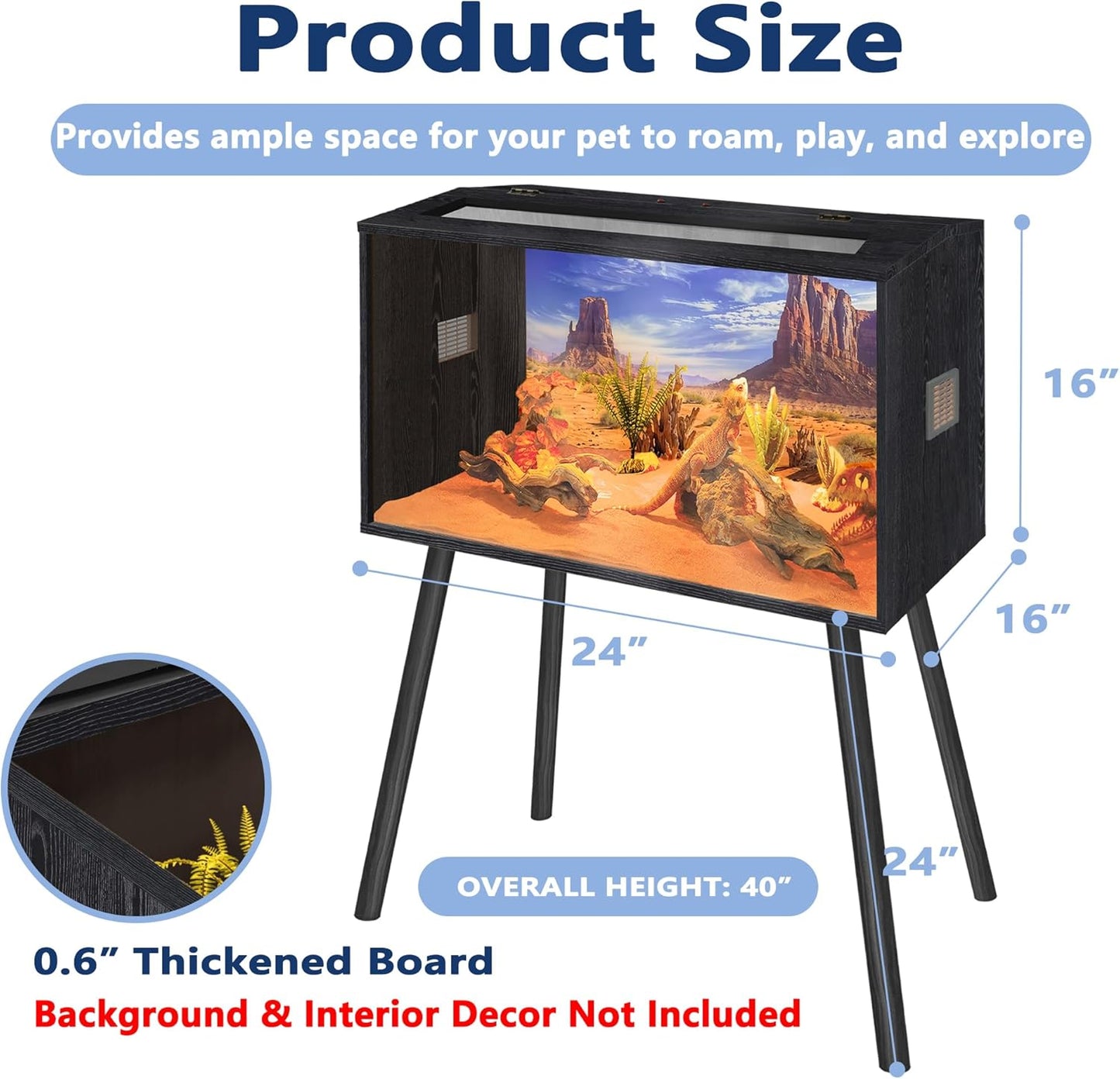 Prolee Reptile Terrarium, Lizard Tank Up to 68 Gallons, Bearded Dragon Tank with Roof Door, Snake Tank with Built-in Lamp Fixture and Switch, with Leg Stand (Black, 21 Gallons, 24" Length) - FurryFun
