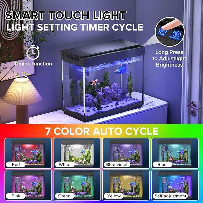 Fish Tank 2.4 Gallon Aquarium with Heater, 3-in-1 Silent Pump with Filteration & Oxygenation & Circulation, 7-Color Timer Cycle Light, Temperature Display, Humidifier, HD Glass Fish Bowl