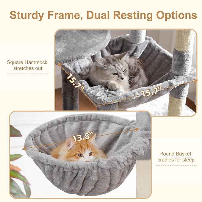 Heybly Cat Tree, 76-Inch Tall Heavy Duty Cat Tower for Big Cats with Extra Wide Baseboard, Multi-Level Large Cat Furniture with 2 Condos & 2 Hammocks, 10 Scratching Posts, Light Gray HCT039W