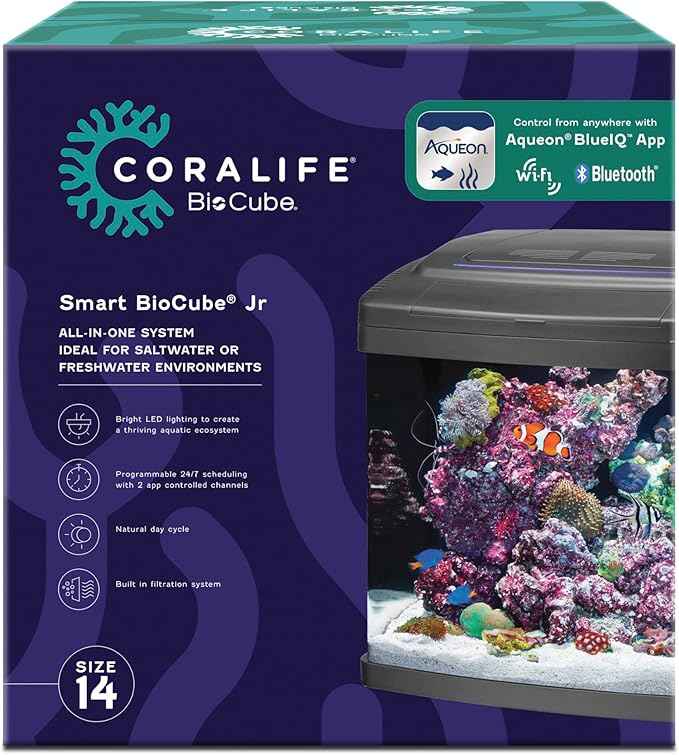 Coralife Smart BioCube Jr, Aquarium Kit, Wi-Fi and Bluetooth Compatible, for Saltwater and Freshwater Environments, 14 Gallons