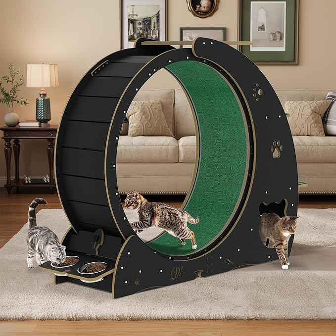 Cat Running Wheel for Indoor Cats, Large 6-in-1 Cat Treadmill with Bowls, Scratch Post & Resting House, Quiet Cats Wheel Exerciser for Kitty Fitness Black