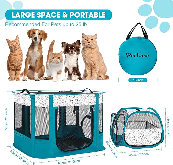 Portable Cat Playpen with Litter Box, Cat Enclosure for Camping, Cat Recovery Playpen After Surgery, Foldable Indoor Outdoor Pet Tent for Cats Rabbits Puppies (Peacock Blue)