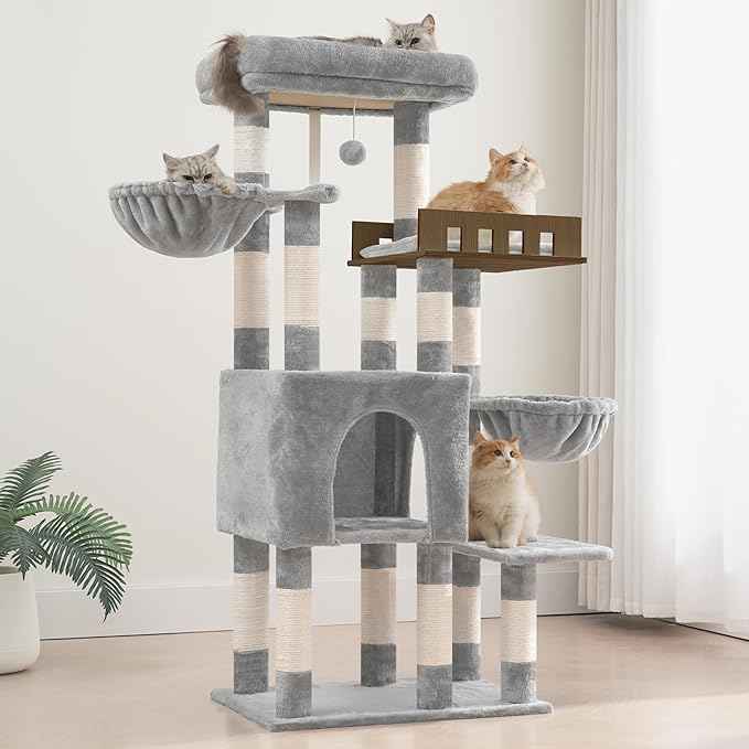 Cat Tree for Indoor Cats Large Adult, Heavy Duty Cat Tree for Large Cats 20 lbs+, Cat Condo with Big Wooden Perch, Cat Tower with 14 Scratching Posts, Hammock, Light Gray GCT023W