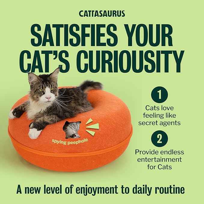 Cattasaurus Peekaboo Cat Cave, Extra Spacious for Multiple & Large Cats 15+ lbs, Scratch Detachable Cat Beds for Indoor Cats, Washable Tunnel Bed, Comfy Donut Tunnel (Orange, Jumbo)