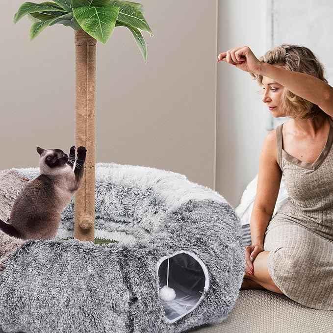 Odoland Large Cats Tunnels for Indoor Cats Fluffy Warm Cat Bed and Detachable Cave Tunnels with 20 Pet Toys, Donut Tunnel and Variety Kitten Toy Set for Chewing Playing
