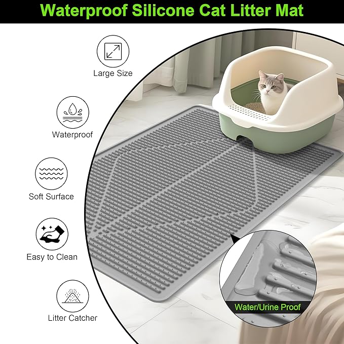 Mofason Rubber Cat Litter Mat - Kitty Litter Box mat - Silicone Litter Trapping Catcher Mat - Cat Supplies & Accessories for Indoor Cats (24" x 15") - Grey