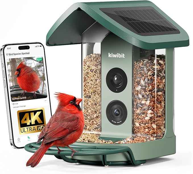 Solar Smart Bird Feeder with Camera, AI Bird Species Identification, 8MP Photos, 4K UHD Video Live Stream Wild Bird House Feeders for Outdoors, Bird Watching Gifts for Bird Lovers, Green