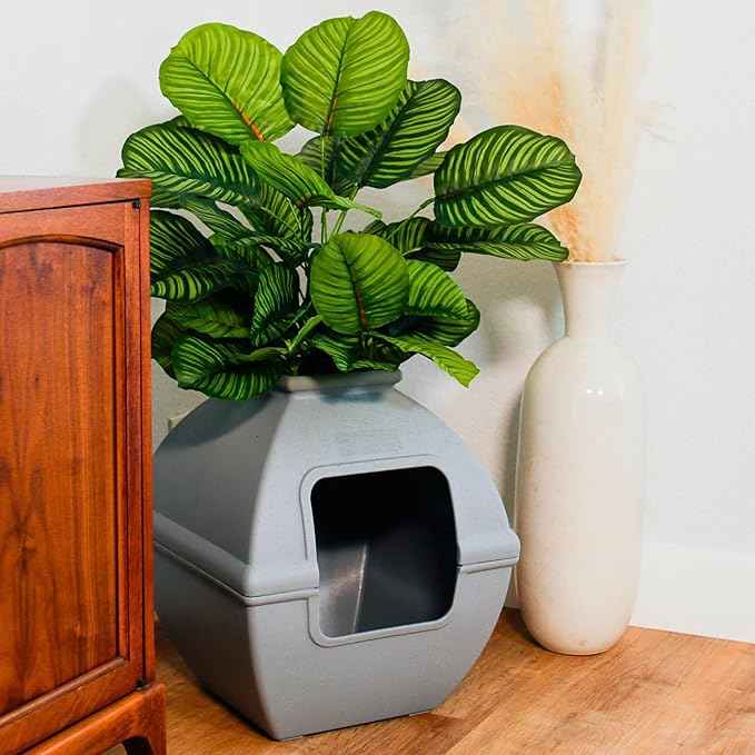 Good Pet Stuff Hidden Litter Box Planter, Decorative Cat Litter Enclosure with Carbon Filter, Artificial Plant, Easy Clean, Indoor Design, Courtyard Square Style, Base Kit, Stone Gray