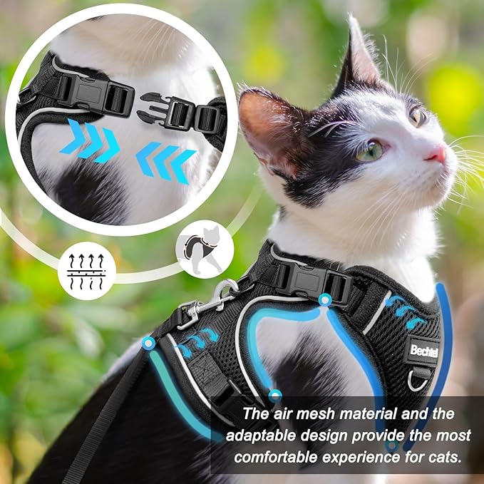 Kitten Harness and Leash Seat, The Upgrade Can be Adjusted in Four Directions and Breathable Cat Harness for Anti Escape That can be Fitted and Positioned, Reflective Strips Harness, Black,XXS