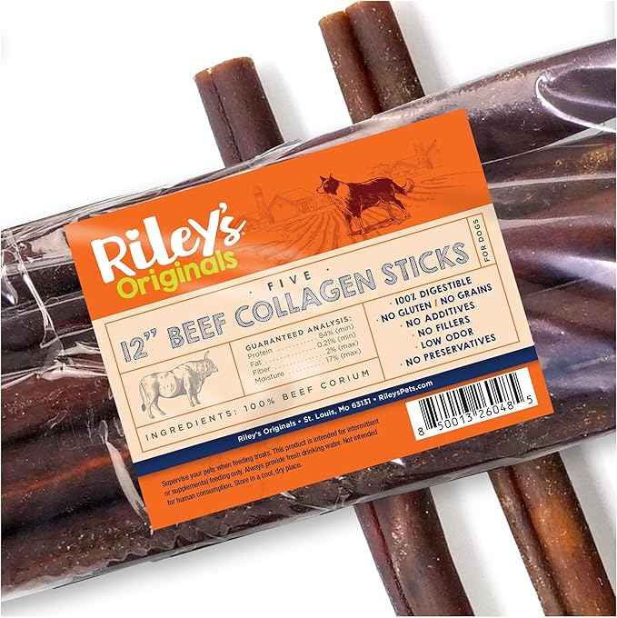 Riley's 12 Inch Beef Collagen Sticks for Dogs, Collagen Chews for Dogs, Bully Stick & Rawhide Alternative, Long Lasting, No Raw Hide Chews, Single Ingredient Dog Treat - 5 ct