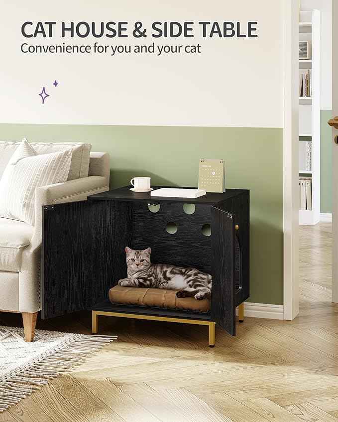 Cat Litter Box Enclosure, Hidden Litter Box Furniture Cabinet, Wooden Indoor Cat House, Side End Table, Living Room, Bedroom, Black and Gold CB81204G