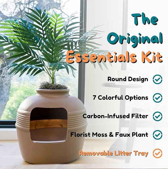 Good Pet Stuff Hidden Litter Box Planter, Decorative Cat Litter Enclosure with Carbon Filter, Artificial Plant, Easy Clean, Indoor Design, Original Round Style, Essentials Kit, Mocha Brown