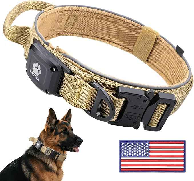 2026 Upgrade Dog Collar with IPX8 Waterproof AirTag Holder,Military Tactical Comfortable Control Handle and Ultra-Durable Metal Buckle/Night Reflective,GPS Collar for Medium to Large Dogs（Khaki/XL）