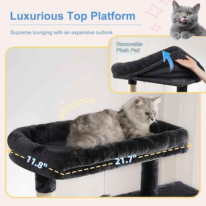Heybly Cat Tree, 76-Inch Tall Heavy Duty Cat Tower for Big Cats with Extra Wide Baseboard, Multi-Level Large Cat Furniture with 2 Condos & 2 Hammocks, 10 Scratching Posts, Smoky Gray HCT039G