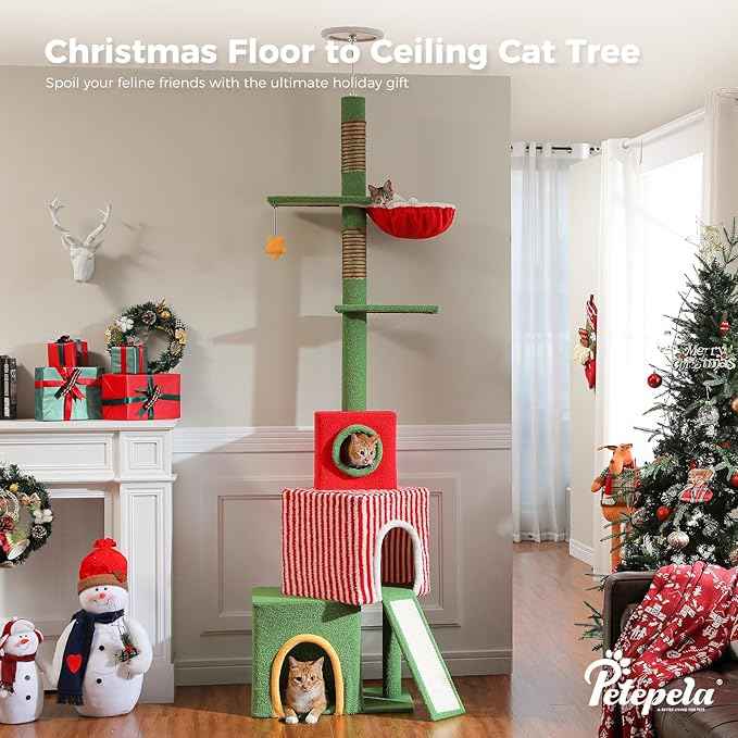 PETEPELA 83-108'' Floor to Ceiling Christmas Cat Tree for Large Indoor Cats, Tall Cat Tower with Adjustable Height with 3 Large Cat Condos, Cozy Hammock, Scratching Posts, Green/Red