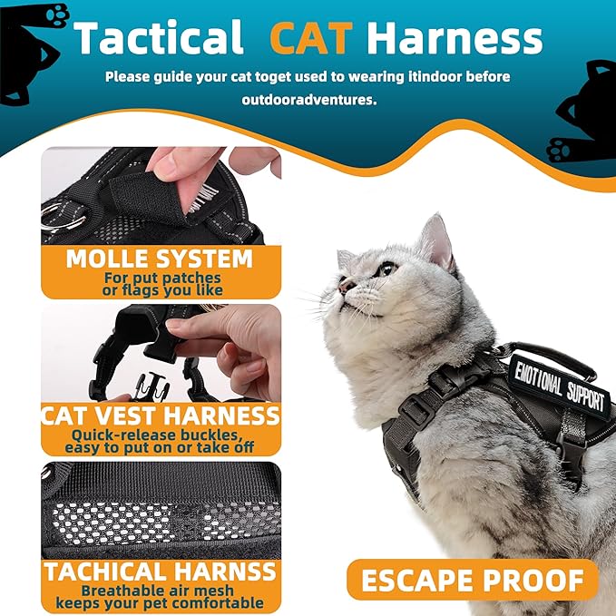 Tactical Cat Harness Black for Walking Esacpe Proof,Adjustable Soft Mesh Large Cat Vest with Rubber Handle Easy to Control,Molle Patches L