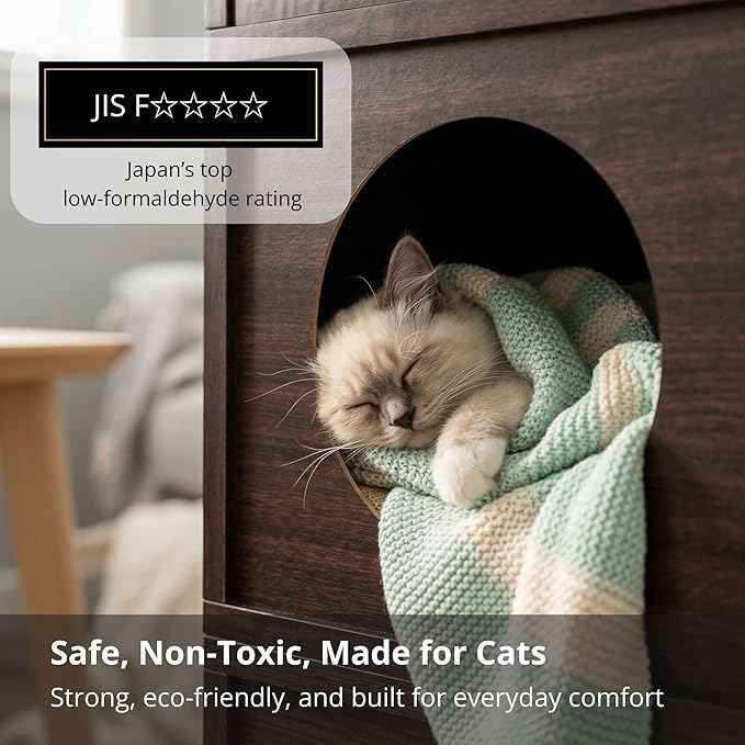 Meowdium Cat House – Cat Condo with Cardboard Scratcher, Scratching Post, Bed & Toy Storage, Cozy Cat Furniture & Accessories for Indoor Cats, Espresso