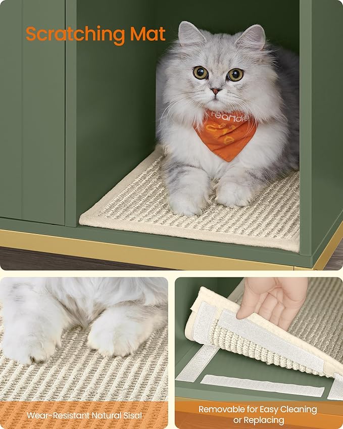 Feandrea Cat Litter Box Enclosure, Hidden Litter Box Furniture with Scratch Pad, Front Entry, Double Cabinet Doors, Modern Style, 31.5" Cat House Washroom Side End Table, Forest Green and Gold