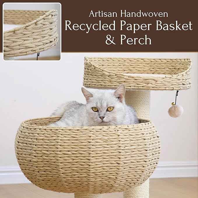PetPals 23" High Handwoven Recycled Paper Rope Baskets Bed and Perch, Sisal Scratching Post, Playful Teaser Toy, Washable Cushion, for Indoor Cats (Beige)