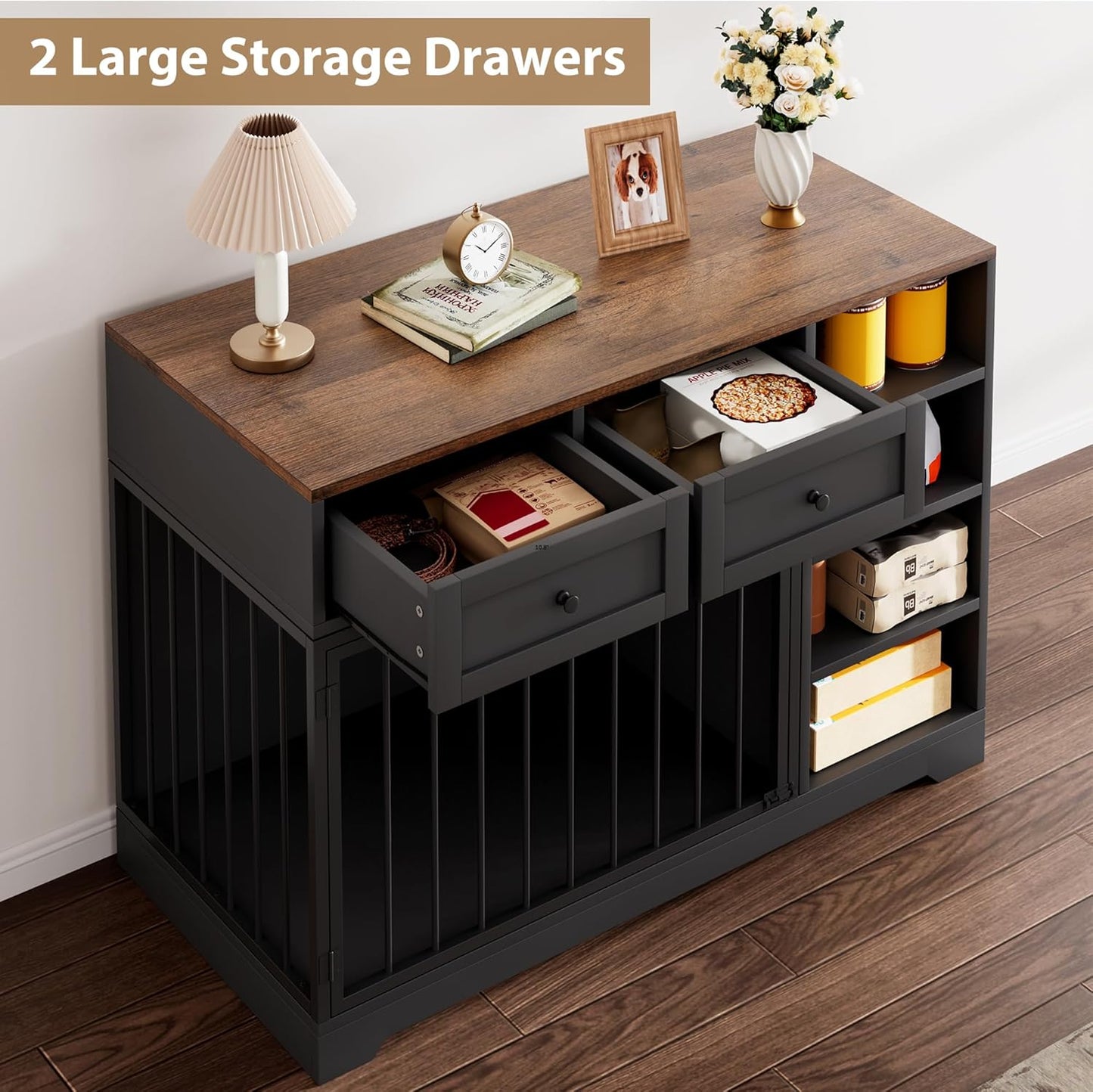Dog Crate Furniture 47", Large Dog Crate TV Stand with 2 Drawers and 4 Shelves, Wooden Dog Kennel Indoor, Decorative Dog Cage with Storage for Large Dogs, Black